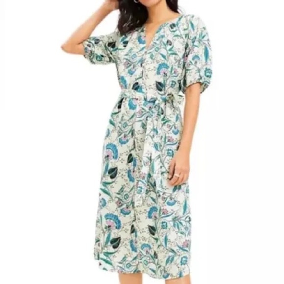 LOFT NWT Floral Linen Blend V-Neck Puff Sleeve Midi Dress Cream Short Sleeve XS - Picture 4 of 6